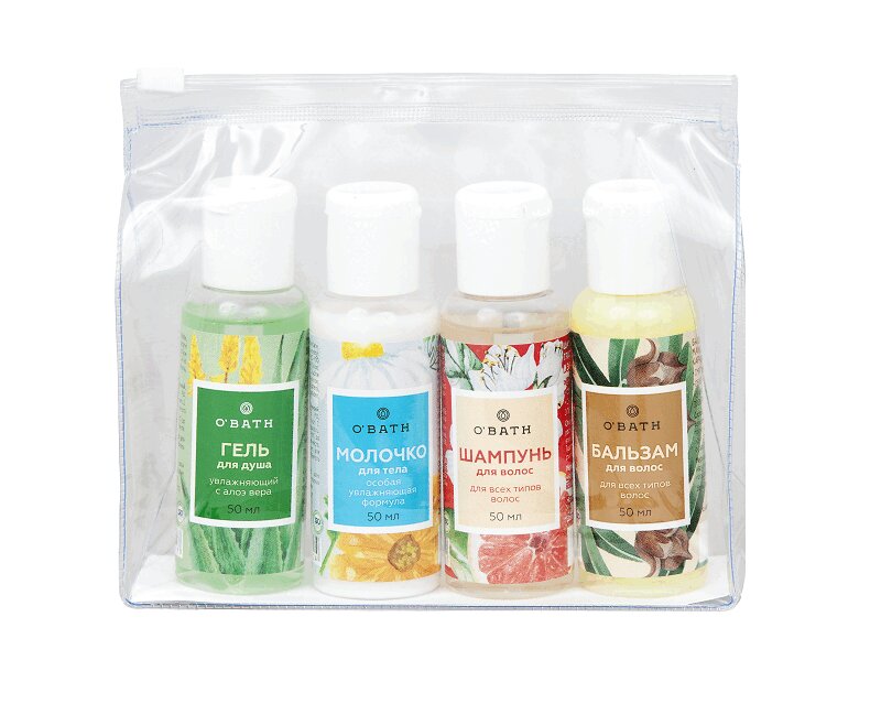 Изображение товара Дорожный набор Обас с гелем, молочком, шампунем и бальзамом 4 в 1