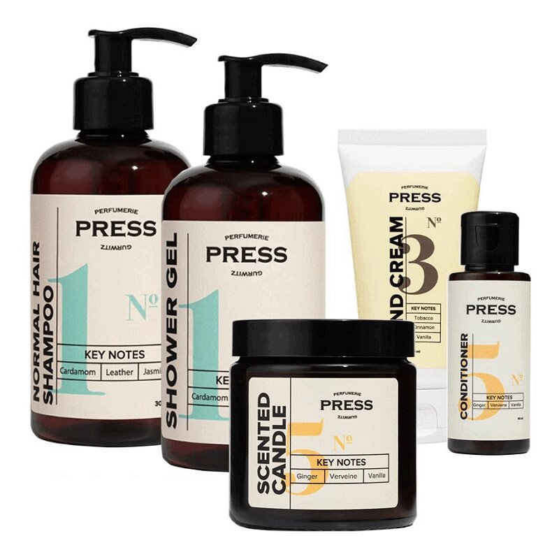 Изображение товара Подарочный набор Press Gurwitz Парфюмери гель, шампунь, крем, свеча, кондиционер