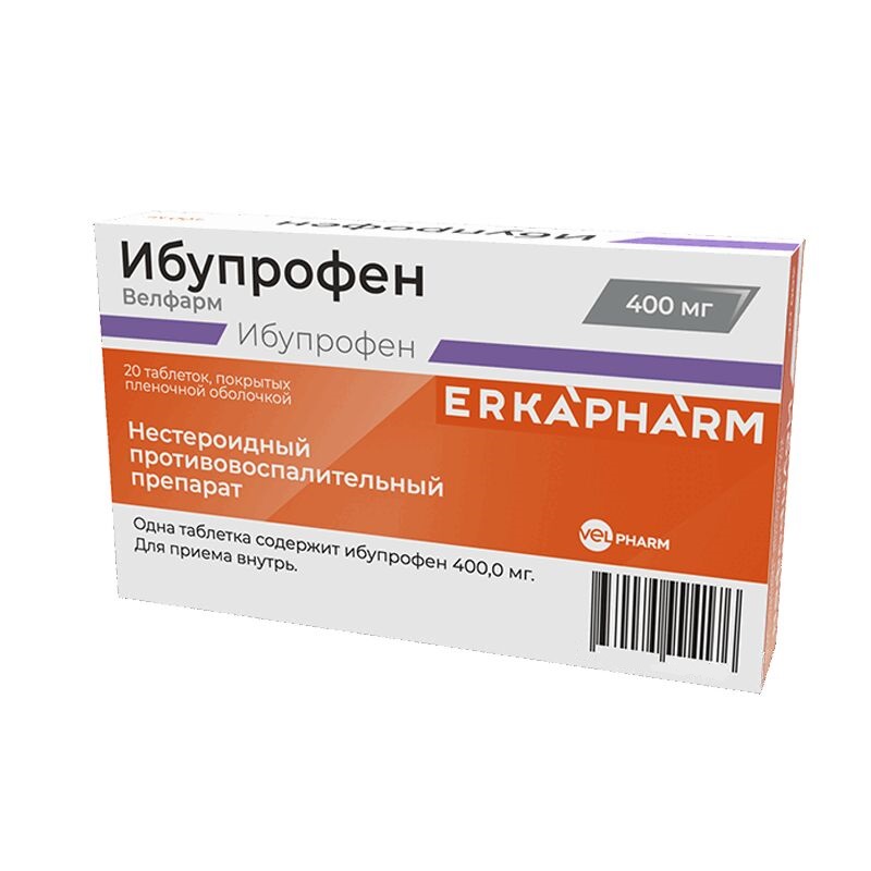 Изображение товара Эркафарм Ибупрофен Велфарм 400 мг таблетки 20 шт — быстрое обезболивание и противовоспалительное ср
