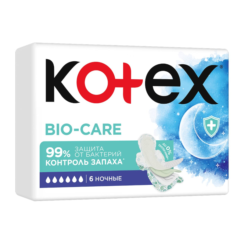 Изображение товара Прокладки ночные Kotex Bio-Care 6 шт с антибактериальным контролем запаха