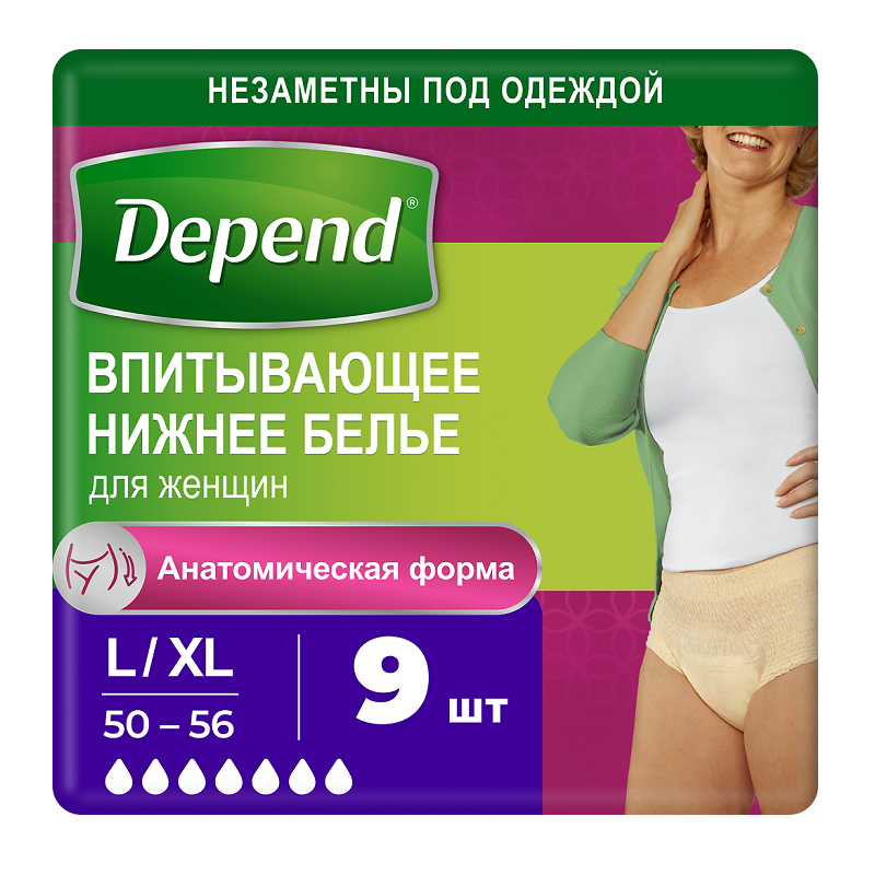 Изображение товара Ночные женские подгузники-трусы Depend L/XL, 9 шт, высокая впитываемость