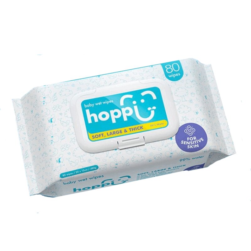 Изображение товара Hoppi Влажные салфетки для детей 80 шт без запаха мягкий нетканый материал упаковка с клапаном