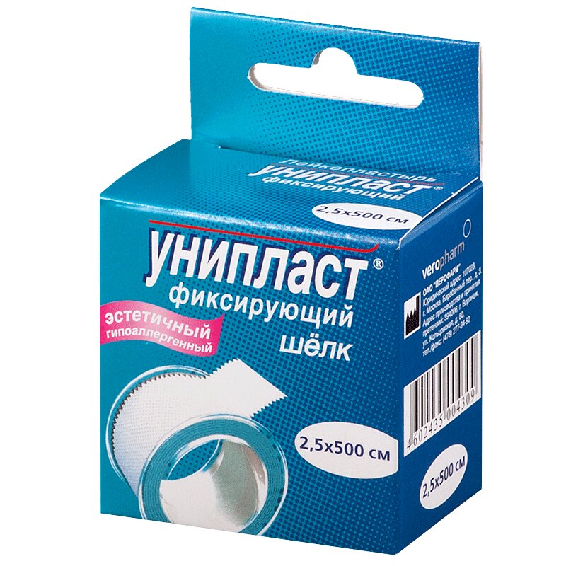 Изображение товара Унипласт Лейкопластырь фиксирующий на основе шелка 2,5 см 500 см 1 шт