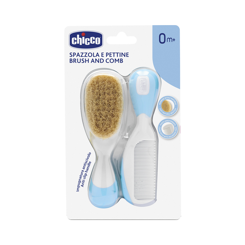Изображение товара Детский набор расческа и щетка Chicco натуральная щетина голубой