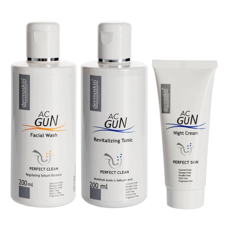 Изображение товара Дермоскин AC Gun Набор средства для ухода против акне очищающий и ночной восстанавливающий 3 в 1